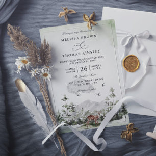 Pine Tree Deer Forest Mountain QR Code Wedding Invitation