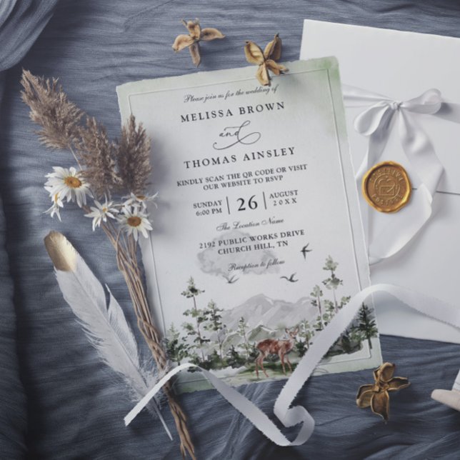 Pine Tree Deer Forest Mountain QR Code Wedding Invitation (Creator Uploaded)