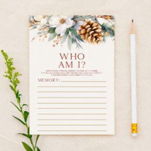 Pine Tree Floral Who Am I Bridal Shower Game Stationery