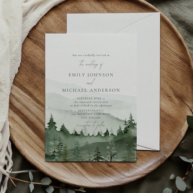 Pine tree, foggy mountais Rustic Wedding  Invitation (Creator Uploaded)