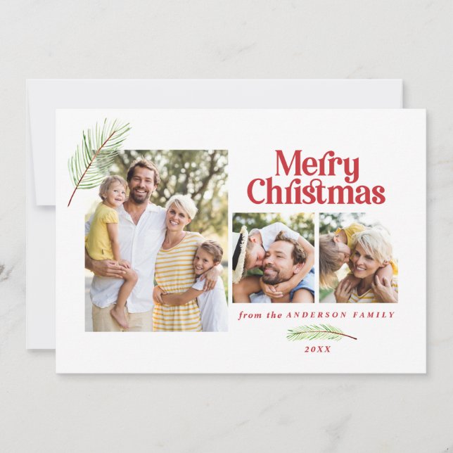 Pine tree foliage and bold multi photo christmas announcement (Front)