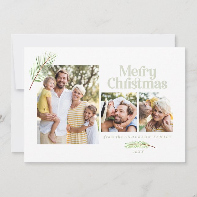 Pine tree foliage and bold multi photo christmas announcement (Front)