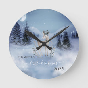 Pine Tree Fores, Deer Blue Holiday Round Clock