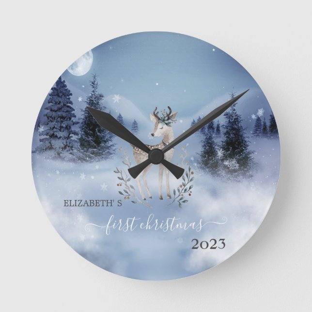 Pine Tree Fores, Deer Blue Holiday Round Clock (Front)