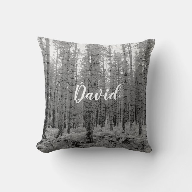 Pine Tree Forest Black and White Personalized Throw Pillow (Front)