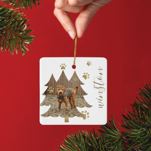 Pine Tree Forest Custom Pet Photo & Name Paw Print Ceramic Ornament
