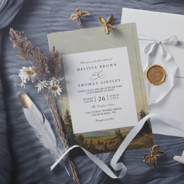 Pine Tree Forest Mountains Rustic QR Code Wedding Invitation (Creator Uploaded)