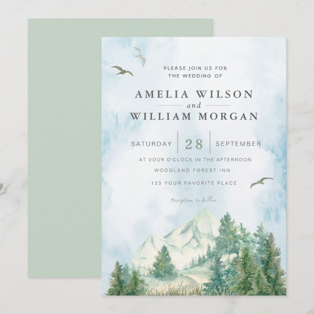 Pine Tree Forest Mountains Watercolor Invitation (Front/Back)
