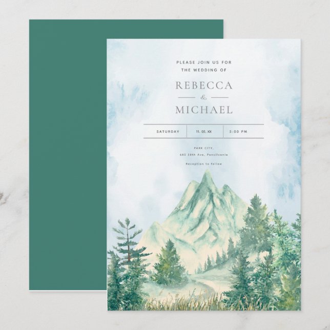 Pine Tree Forest Mountains Watercolor Invitation (Front/Back)