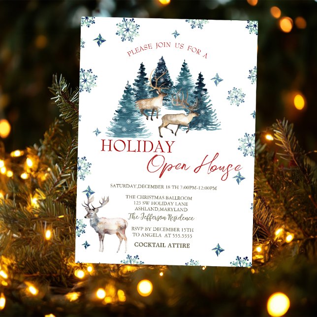 Pine Tree Forest Reindeer Holiday Open House In Invitation (Creator Uploaded)