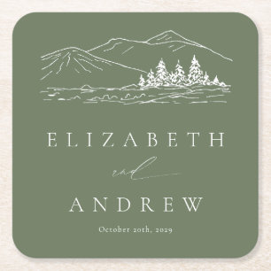 Pine Tree Forest Rustic Mountains Wedding Square Paper Coaster