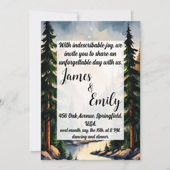 Pine Tree Forest Rustic Watercolor Themed Wedding Invitation (Front)