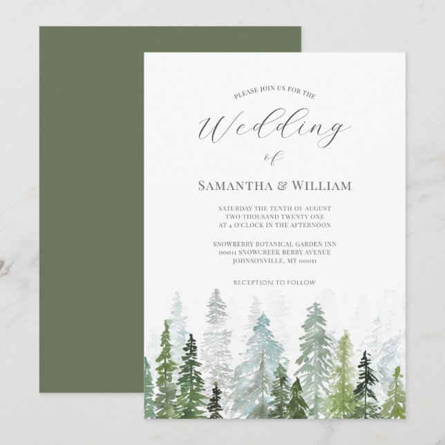 Pine Tree Forest Rustic Watercolor Themed Wedding Invitation (Front/Back)