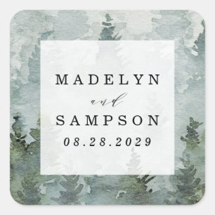 Pine Tree Forest Rustic Watercolor Wedding Favour Square Sticker