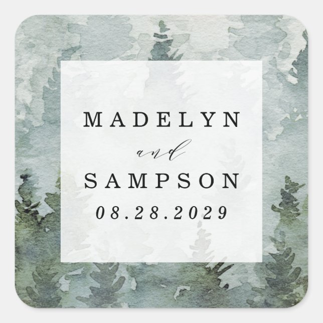 Pine Tree Forest Rustic Watercolor Wedding Favour Square Sticker (Front)