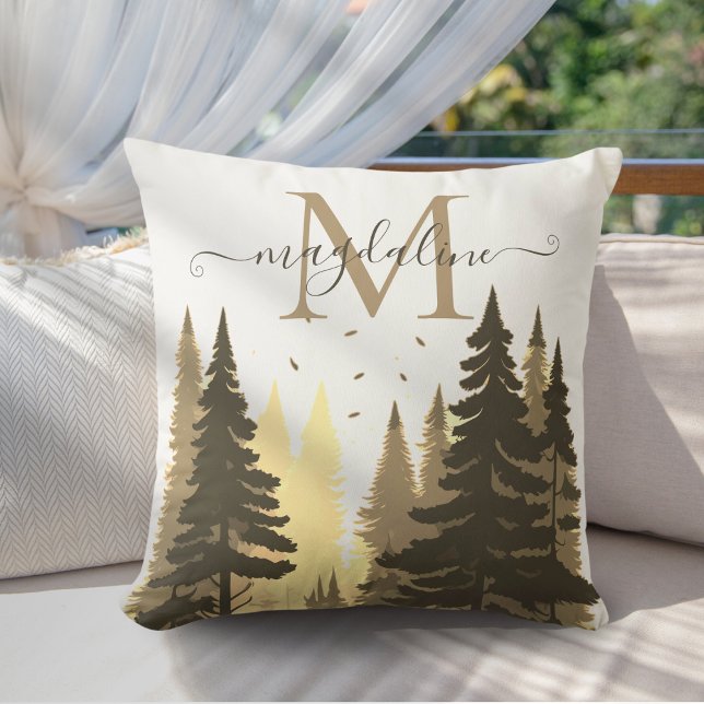  Pine Tree Forest Script Name Monogram Outdoor Pillow (Creator Uploaded)