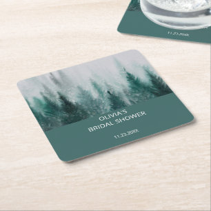 Pine Tree Forest Watercolor Green Bridal Shower  Square Paper Coaster