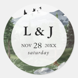 Pine Tree Forest Watercolor Themed Wedding Favour Classic Round Sticker
