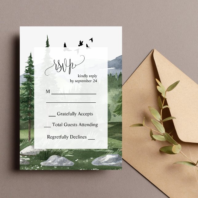 Pine Tree Forest Watercolor Wedding RSVP Card (Pine forest watercolor RSVP cards add serene charm while gathering guest responses.)