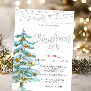 Pine Tree,Gold Balls, Lights Christmas Party Invitation