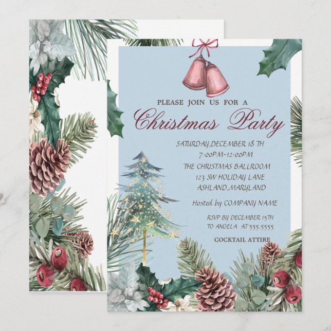 Pine Tree Gold Stars Pine Cones Christmas Party Invitation (Front/Back)