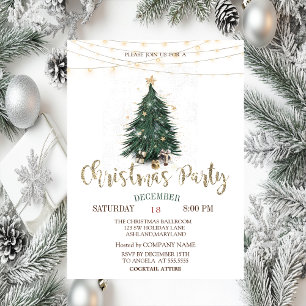 Pine Tree,Gold Stars String Lights Christmas  Invitation