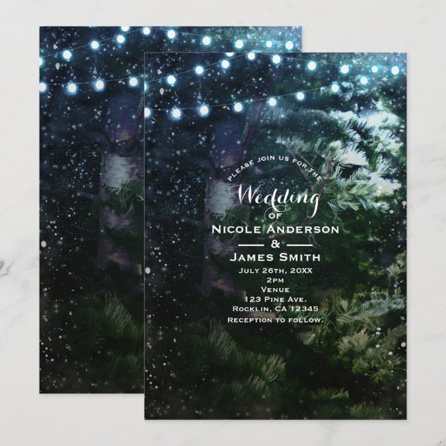 Pine Tree & Lights Invitations de mariage hivernal (Devant / Derrière)
