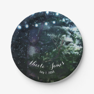 Pine Tree & Lights Winter Night Forest Wedding Paper Plate