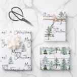 Pine Tree Merry Christmas  Wrapping Paper Sheet<br><div class="desc">This beautiful and elegant black and white Merry Christmas with snowy green pine trees wrapping paper set is perfect for those who like a simple and minimalist aesthetic. The Christmas trees are done in a watercolor style. So pretty with the hand written script typography. See coordinating items in our shop,...</div>