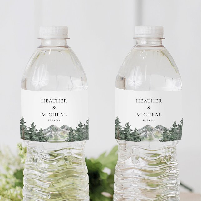 Pine Tree Mountain Wedding  Water Bottle Label (Creator Uploaded)