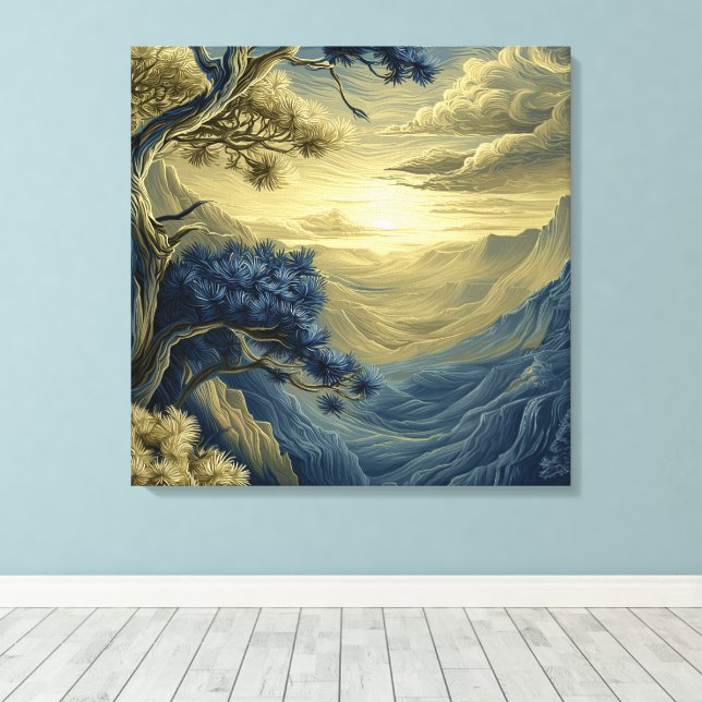 Pine Tree on a Rocky Cliff, Stylized Landscape Canvas Print (Insitu(Wood Floor))