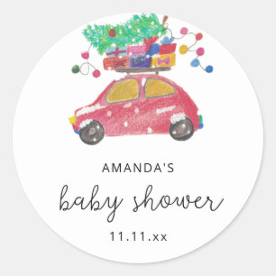 Pine tree on red car Baby shower Classic Round Sticker