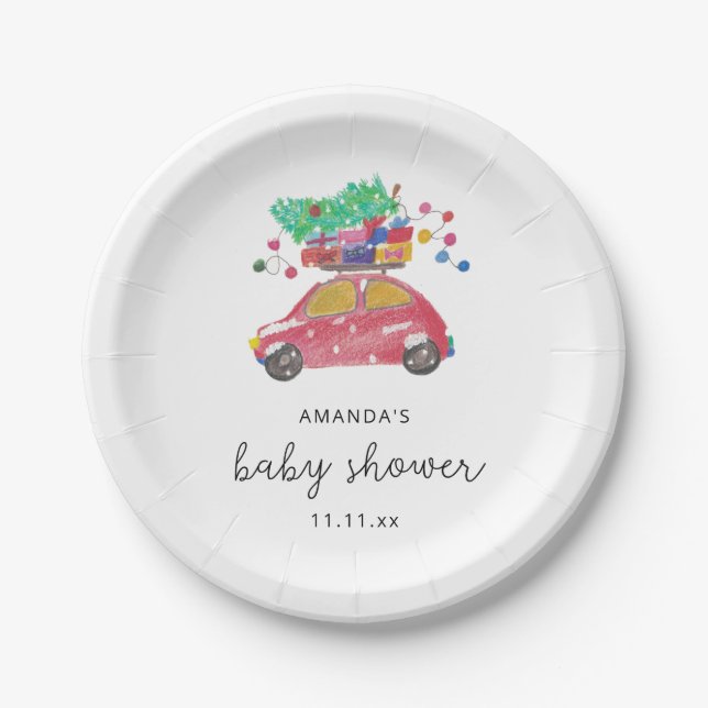 Pine tree on red car Baby shower Paper Plate (Front)