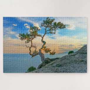 Pine Tree On Rocks Nature Landscape Ocean Sunset Jigsaw Puzzle