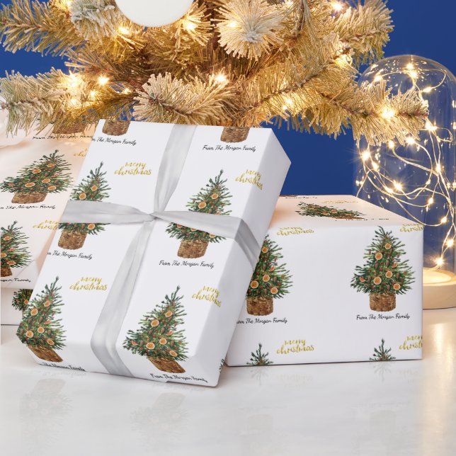 Pine Tree,Orange  Merry Christmas Wrapping Paper (Holidays)