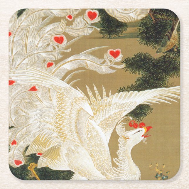 Pine Tree & Phoenix (Love Heart Phoenix), Jakuchu Square Paper Coaster (Front)