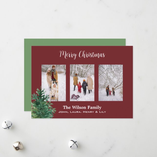Pine Tree Photo Burgundy Custom Merry Christmas Holiday Card (Front/Back In Situ)