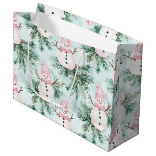 Pine Tree Pink White Snowman Girl Christmas Large Gift Bag