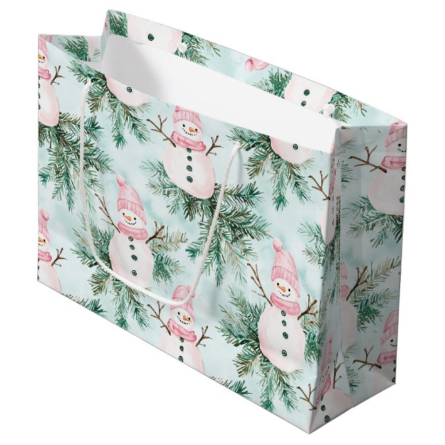 Pine Tree Pink White Snowman Girl Christmas Large Gift Bag (Front Angled)
