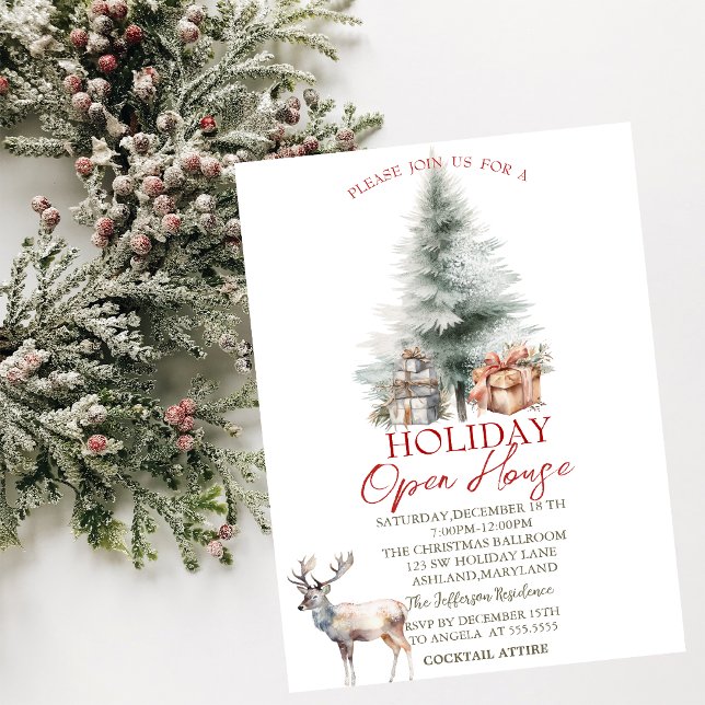  Pine Tree Presents Reindeer Holiday Open House Invitation (Creator Uploaded)
