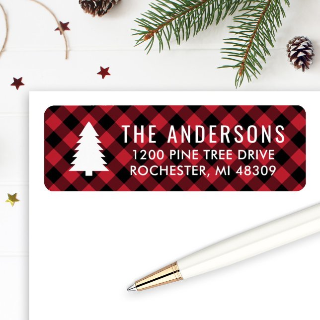 Pine Tree Red Buffalo Plaid Holiday Adresse de ret (Créateur téléchargé)