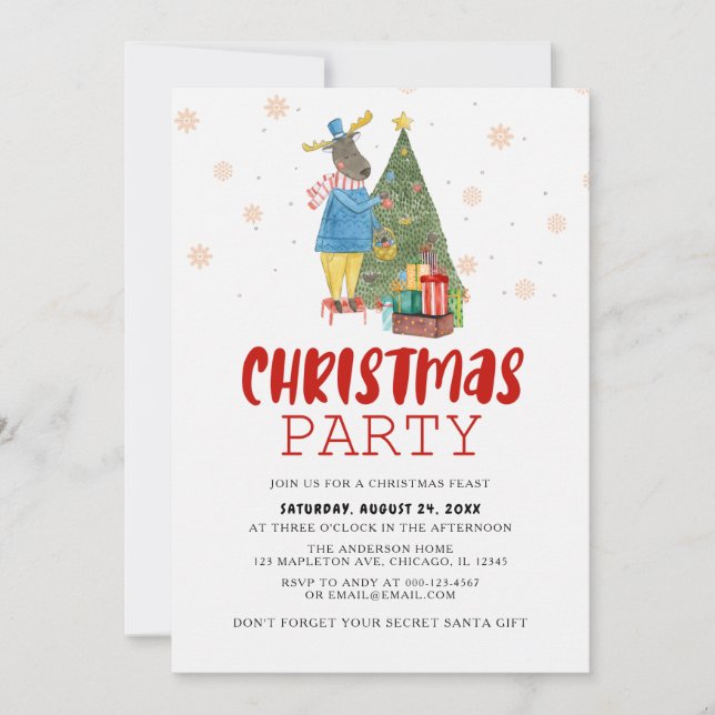 Pine Tree Reindeer Christmas Party Invitation (Front)