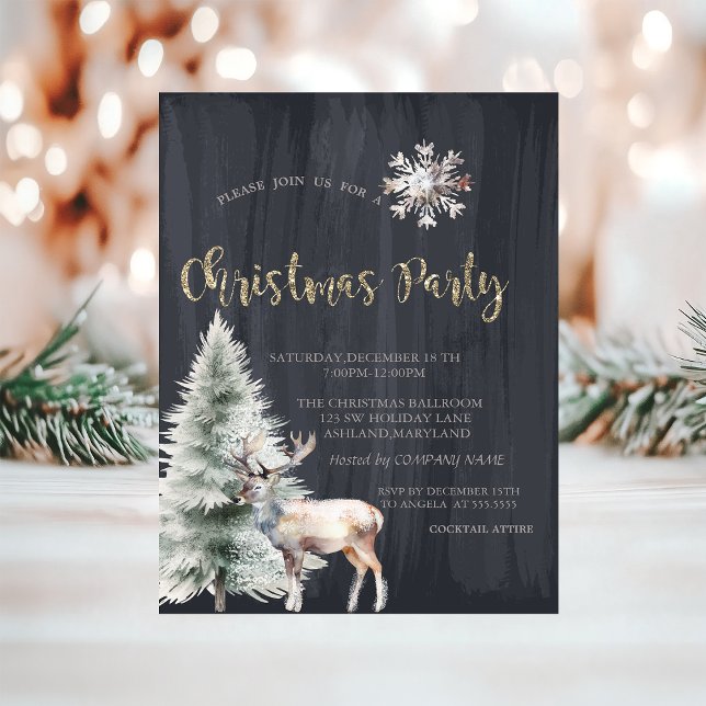 Pine Tree,Reindeer,Snowflake Black Christmas  Invitation (Creator Uploaded)