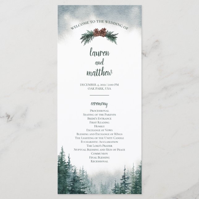 Pine Tree Rustic Mariage Plat Ceremony Programme (Devant)