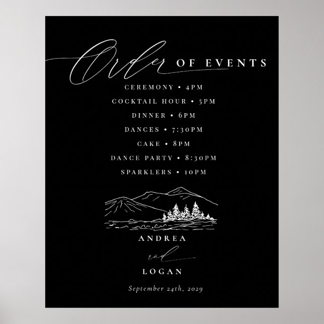 Pine Tree Rustic Mountains Wedding Order of Events Poster (Front)
