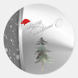 Pine Tree,Santa Hat, Silver Classic Round Sticker