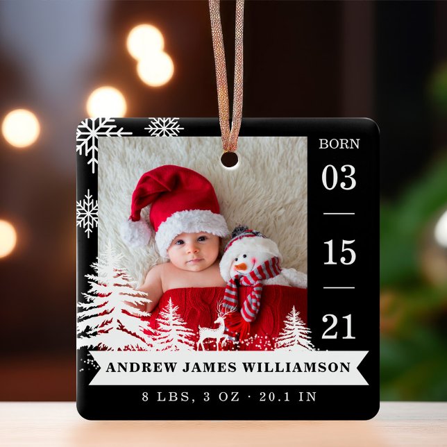  Pine Tree & Snow Baby Birth Stats & Photos Black Ceramic Ornament (Pine Tree & Snow Baby Birth Stats & Photos Black Ceramic Ornament)