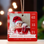 Pine Tree & Snow Baby Birth Stats & Photos Red Ceramic Ornament<br><div class="desc">New baby birth stats photo Christmas ornament. The design features two photos, one photo on the front and one on the back. Display your new baby's photo. The date of birth is displayed along the side and the baby's name and birth stats along the bottom. A red background with white...</div>