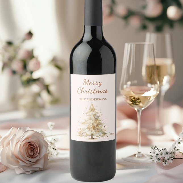Pine tree snow beige Christmas Party Wine Label (Creator Uploaded)