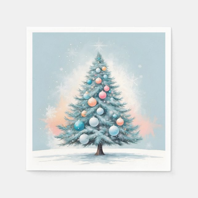 Pine Tree Snowflakes | Blue Orange Coral Ornaments Napkin (Front)